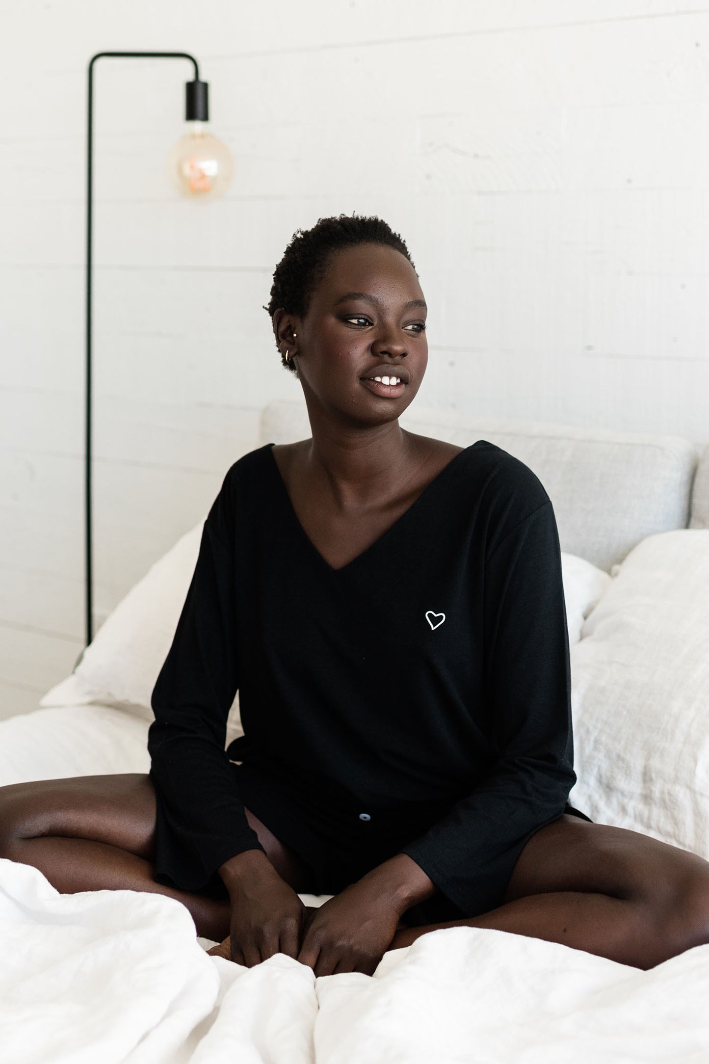 Jamie V-Neck Sleep Top | Black with Heart
