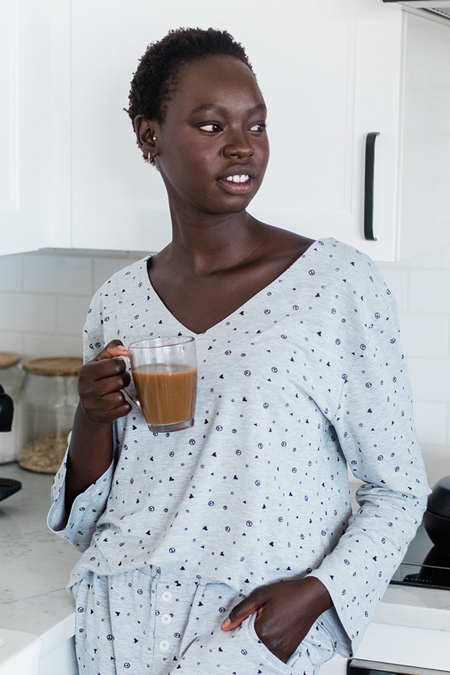 Jamie V-Neck Sleep Top | Light Grey Allover Print