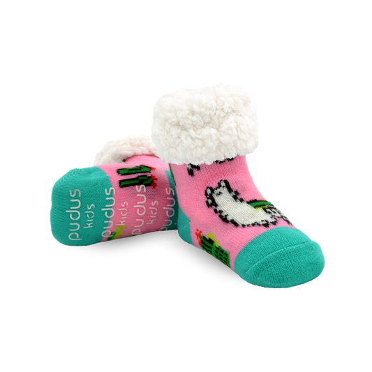 Pudus Cozy Winter Slipper Socks for Kids with Non-Slip Grippers and Faux Fur Sherpa Fleece - Boy and Girl Fuzzy Socks (Ages 4-7) Llama Pink - Classic Slipper Sock Kids