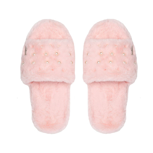 Faux Fur Pearl Slide Slippers | Pink