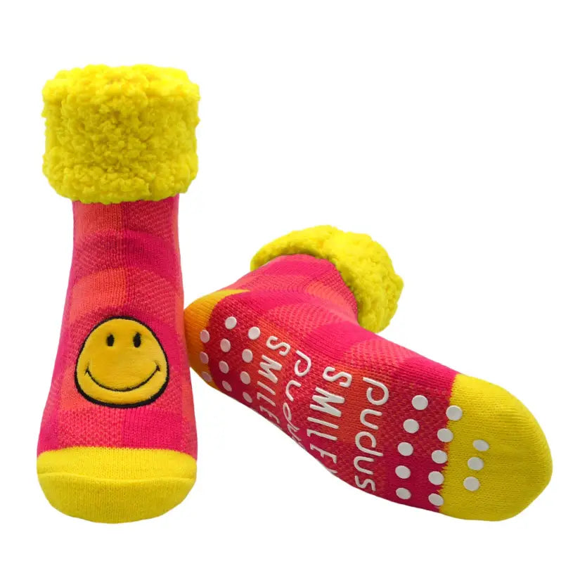 Smiley® x Pudus Classic Slipper Socks | Pink Lumberjack