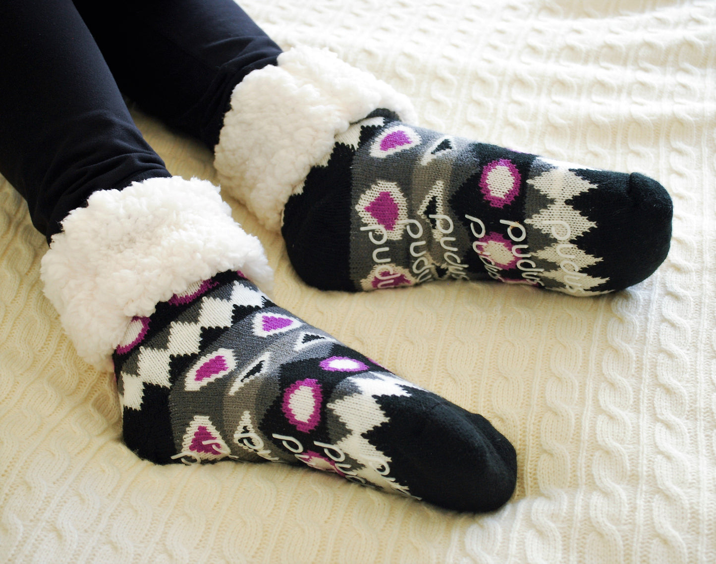 Pudus Cozy Winter Slipper Socks for Women and Men with Non-Slip Grippers and Faux Fur Sherpa Fleece - Adult Regular Fuzzy Socks Southwest Purple - Classic Slipper Sock
