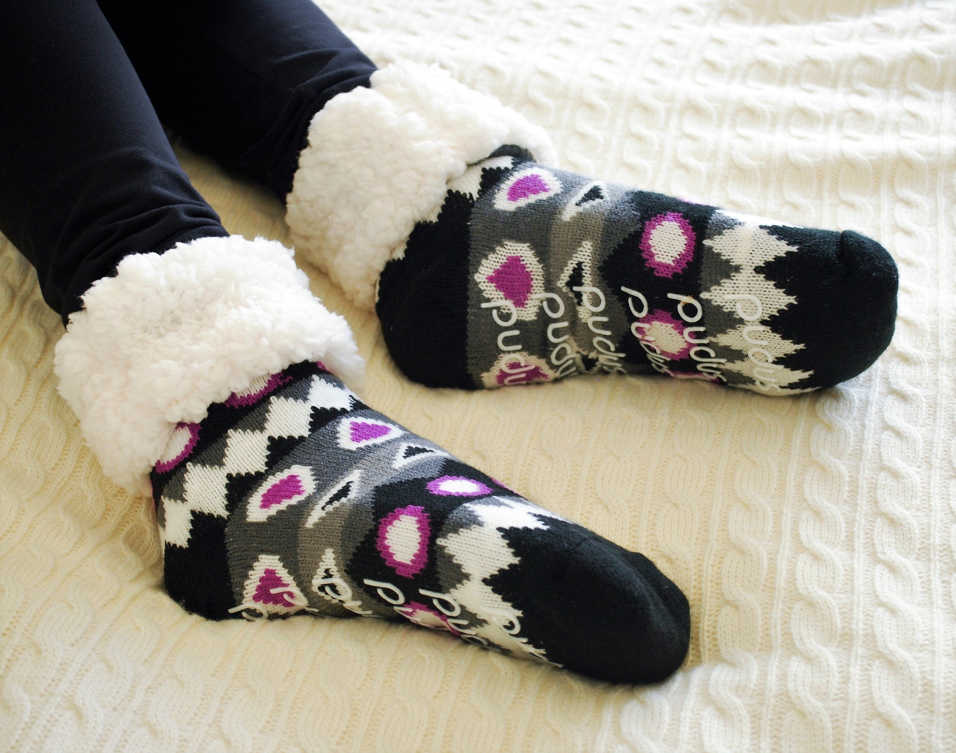 Pudus Cozy Winter Slipper Socks for Women and Men with Non-Slip Grippers and Faux Fur Sherpa Fleece - Adult Regular Fuzzy Socks Southwest Purple - Classic Slipper Sock