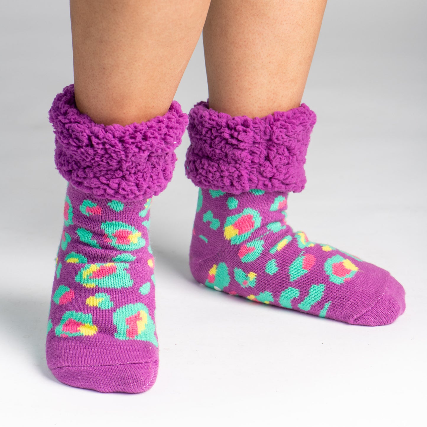 Bright Classic Slipper Socks | Purple Leopard