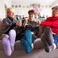 Pudus Winter Cable Knit Chenille Slipper Socks in Lavender with Fuzzy Pom Poms and Faux Fur Sherpa Fleece Lining