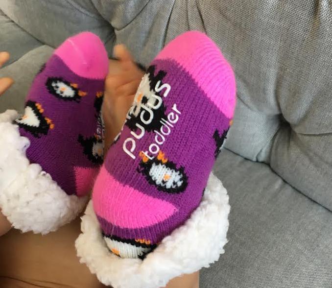 Pudus Cozy Winter Slipper Socks for Toddlers with Non-Slip Grippers and Faux Fur Sherpa Fleece - Baby Boy and Girl Fuzzy Socks (Ages 1-3) Purple Penguin - Toddler  Slipper Sock