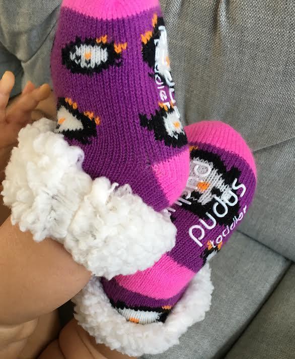 Pudus Cozy Winter Slipper Socks for Toddlers with Non-Slip Grippers and Faux Fur Sherpa Fleece - Baby Boy and Girl Fuzzy Socks (Ages 1-3) Purple Penguin - Toddler  Slipper Sock