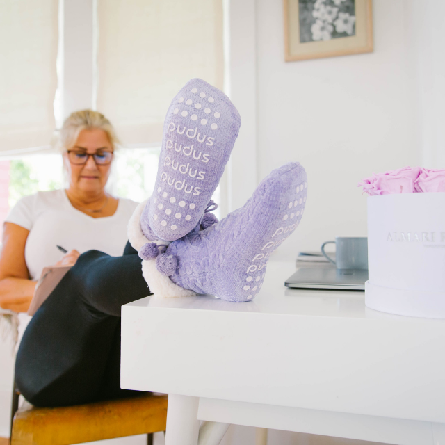 Pudus Winter Cable Knit Chenille Slipper Socks in Lavender with Fuzzy Pom Poms and Faux Fur Sherpa Fleece Lining