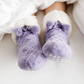 Pudus Winter Cable Knit Chenille Slipper Socks in Lavender with Fuzzy Pom Poms and Faux Fur Sherpa Fleece Lining