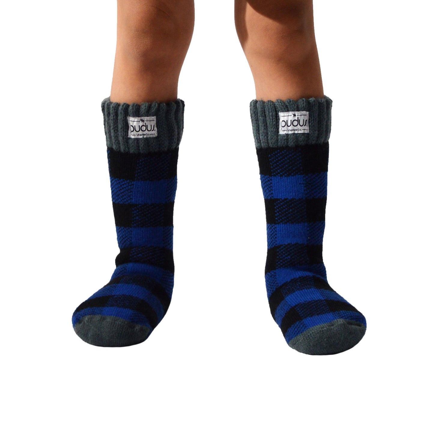 Pudus Kids Warm Boot Socks (Ages 4-7), Tall Winter Socks for Boys and Girls (Perfect Thermal Socks for Rain Boots, Snow Shoes and Hiking Boots) Boot Sock Lumberjack Blue Kid Tall