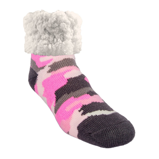 Pudus Classic Camo Pink slipper socks with grey heal and toe