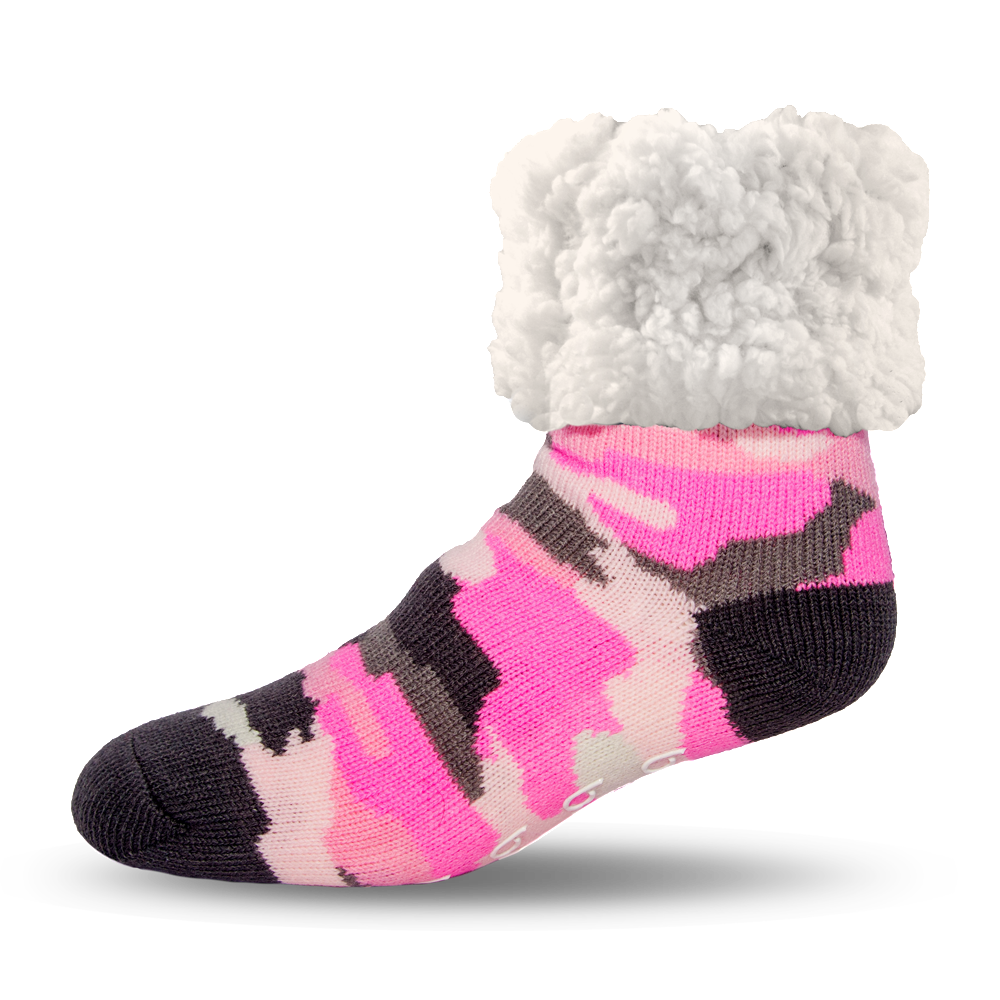 Pudus Cozy Winter Slipper Socks for Women and Men with Non-Slip Grippers and Faux Fur Sherpa Fleece - Adult Regular Fuzzy Socks Camo Pink - Classic Slipper Sock