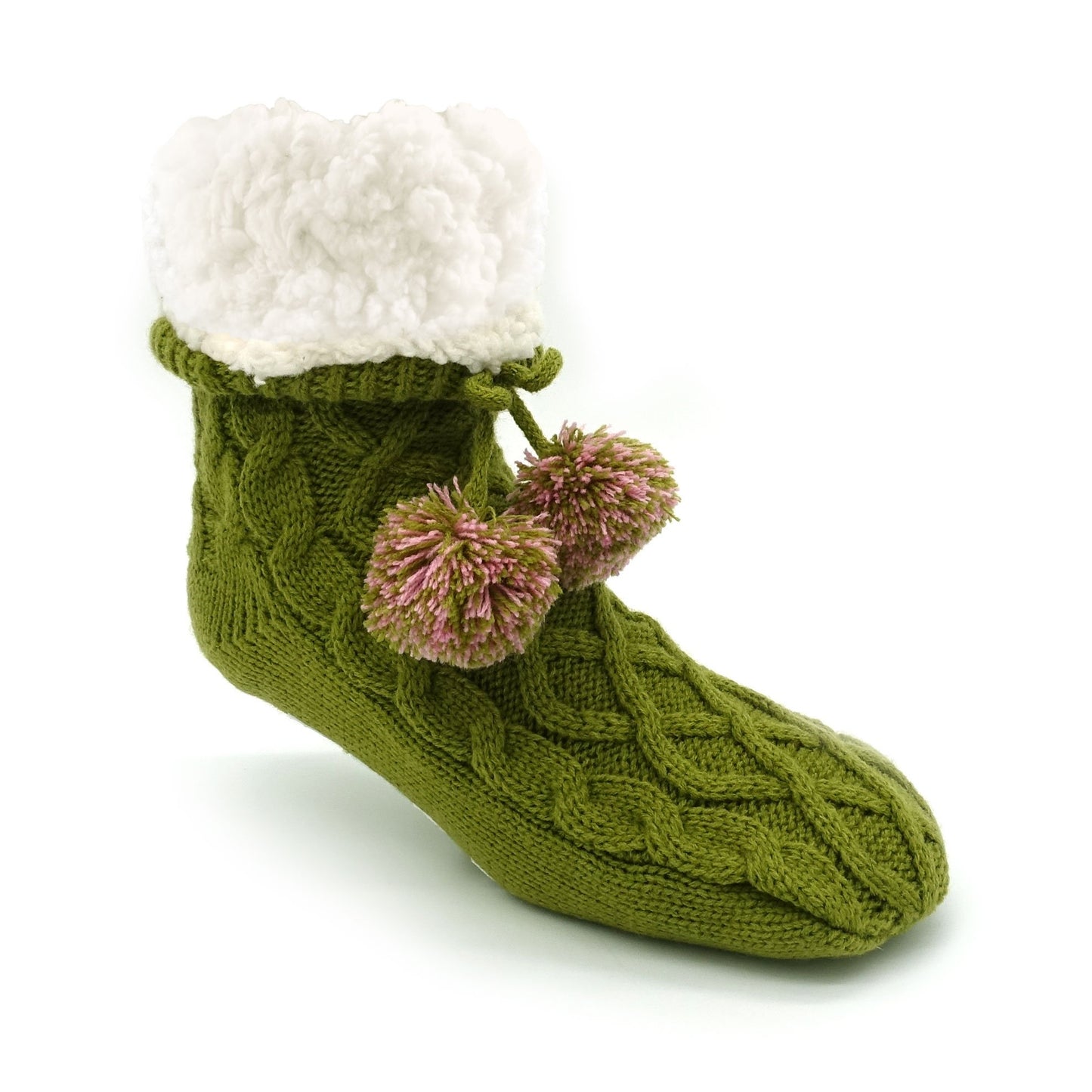 Pudus Winter Cable Knit Slipper Socks for Women and Men with Non-Slip Grippers and Faux Fur Sherpa Fleece Lining - Adult Regular Fuzzy Socks Cable Knit Green - Classic Slipper Sock