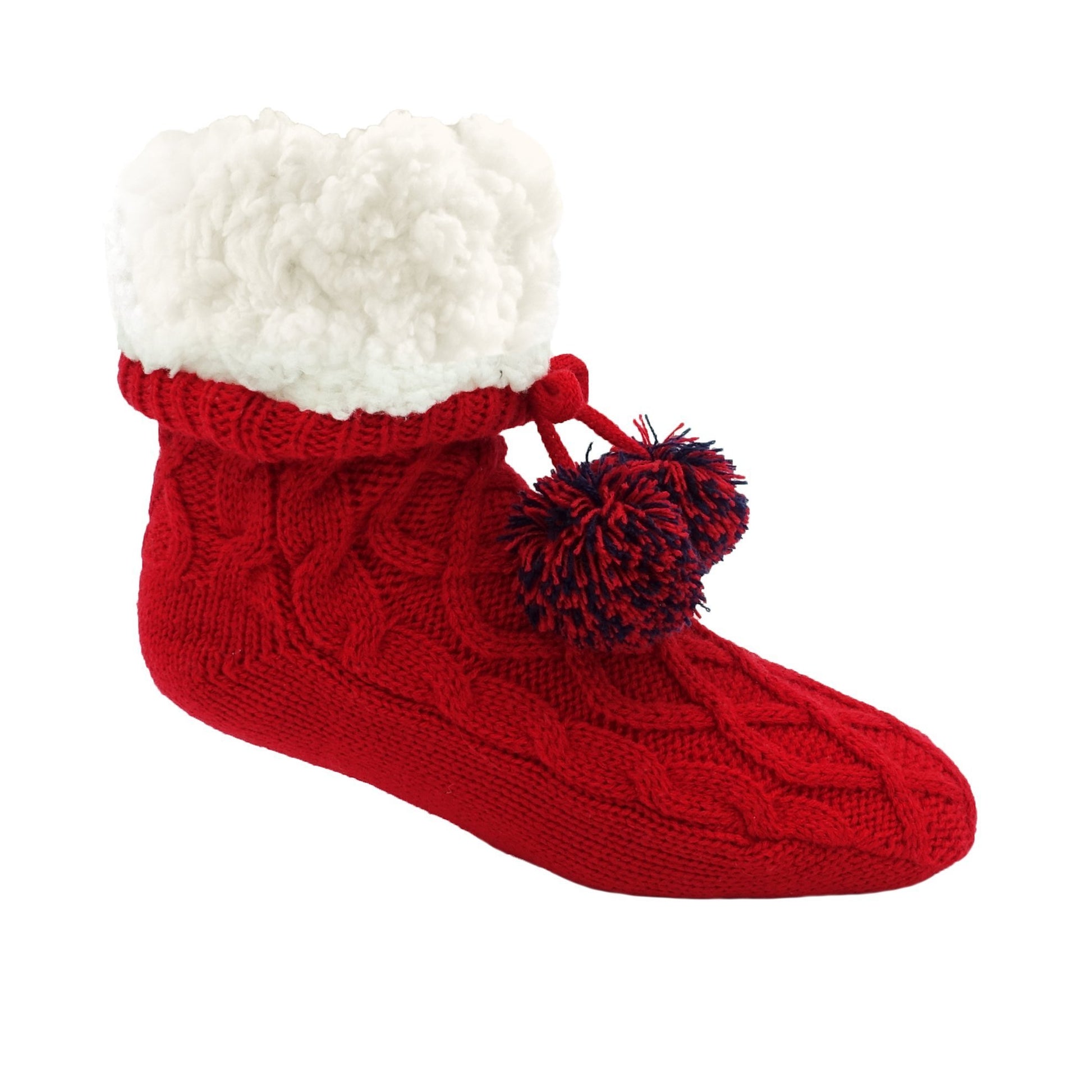 Pudus Winter Cable Knit Slipper Socks for Women and Men with Non-Slip Grippers and Faux Fur Sherpa Fleece Lining - Adult Regular Fuzzy Socks Cable Knit Red - Classic Slipper Sock