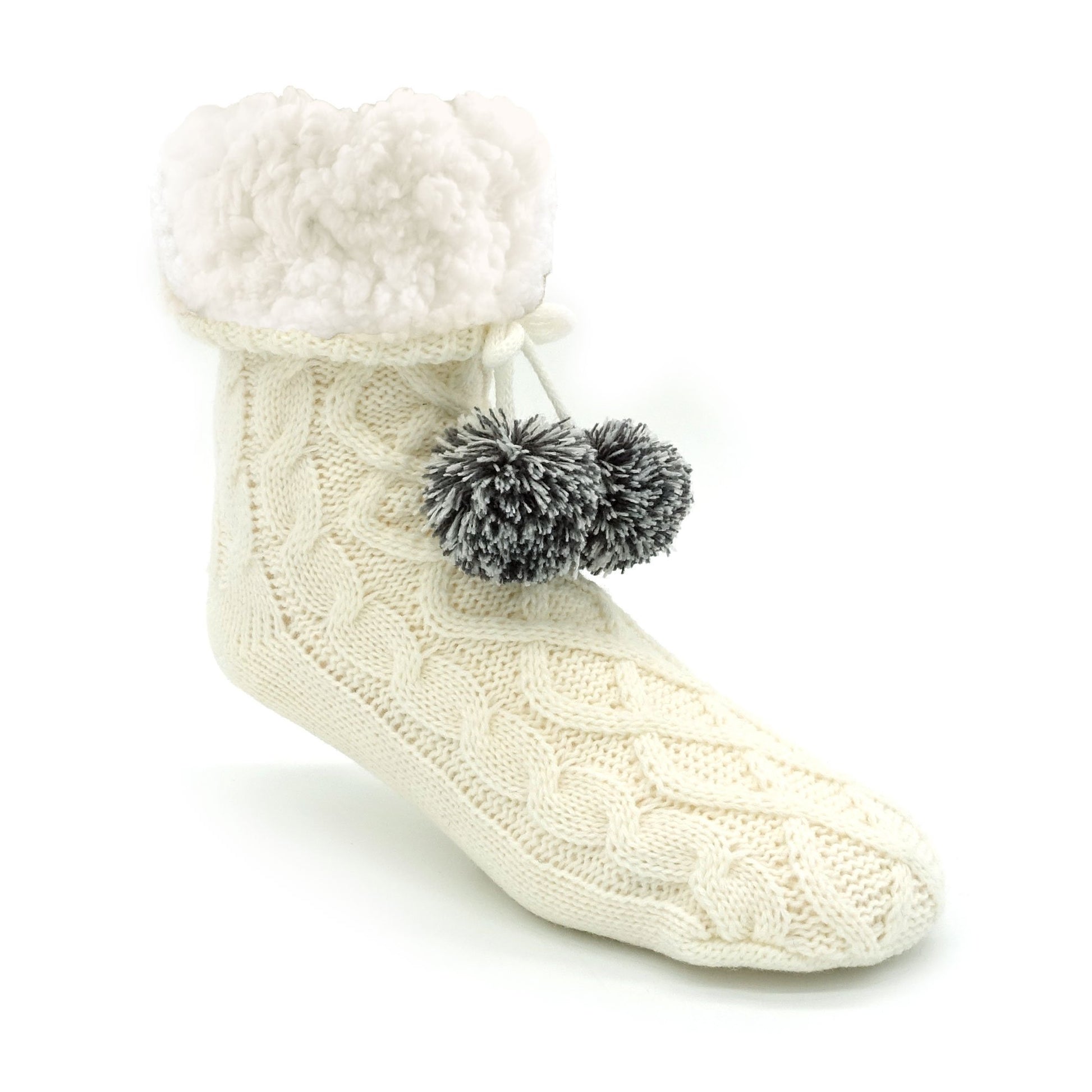Pudus Winter Cable Knit Slipper Socks for Women and Men with Non-Slip Grippers and Faux Fur Sherpa Fleece Lining - Adult Regular Fuzzy Socks Cable Knit White - Classic Slipper Sock