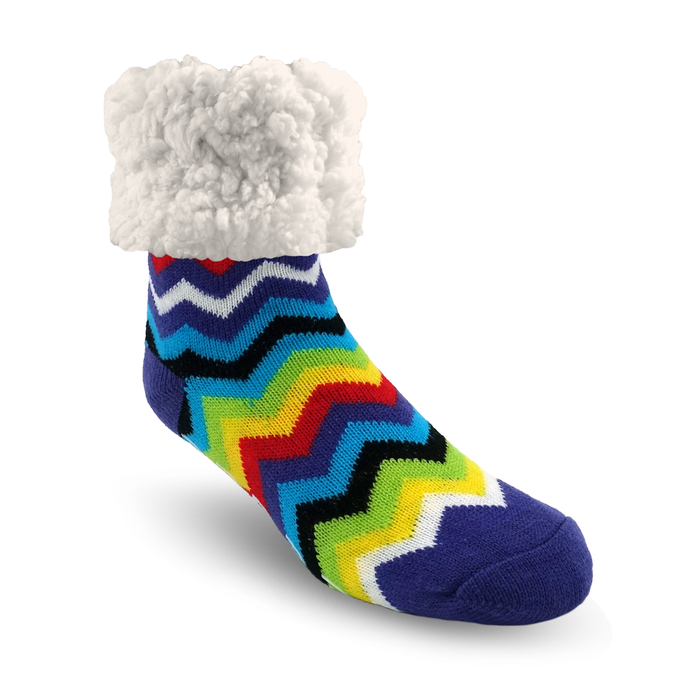 Pudus Cozy Winter Slipper Socks for Women and Men with Non-Slip Grippers and Faux Fur Sherpa Fleece - Adult Regular Fuzzy Socks Rainbow Multi - Classic Slipper Sock