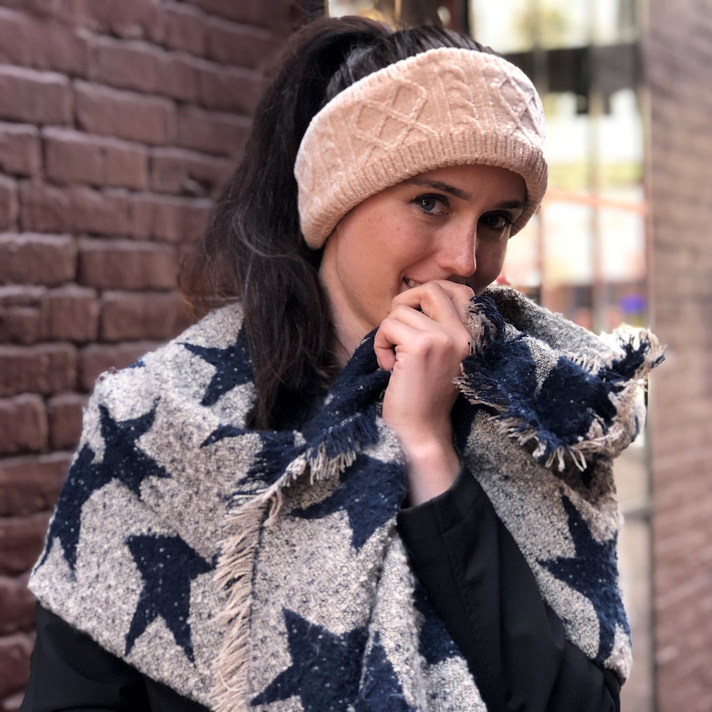 Pudus Women's Warm Blanket Scarf with Reversible Star Pattern, Oversized Shawls and Wraps for Winter and Fall Blanket Scarf Stars Navy