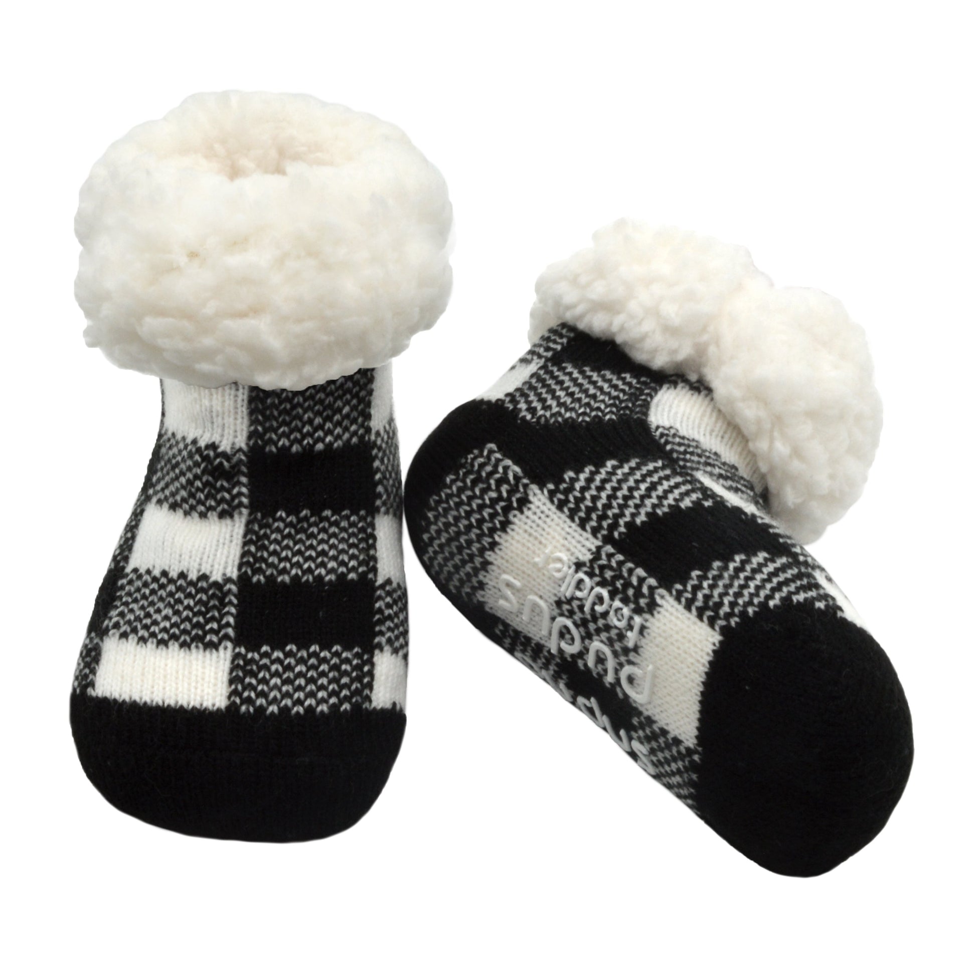 Pudus Cozy Winter Slipper Socks for Toddlers with Non-Slip Grippers and Faux Fur Sherpa Fleece - Baby Boy and Girl Fuzzy Socks (Ages 1-3) Lumberjack White - Toddler Slipper Sock