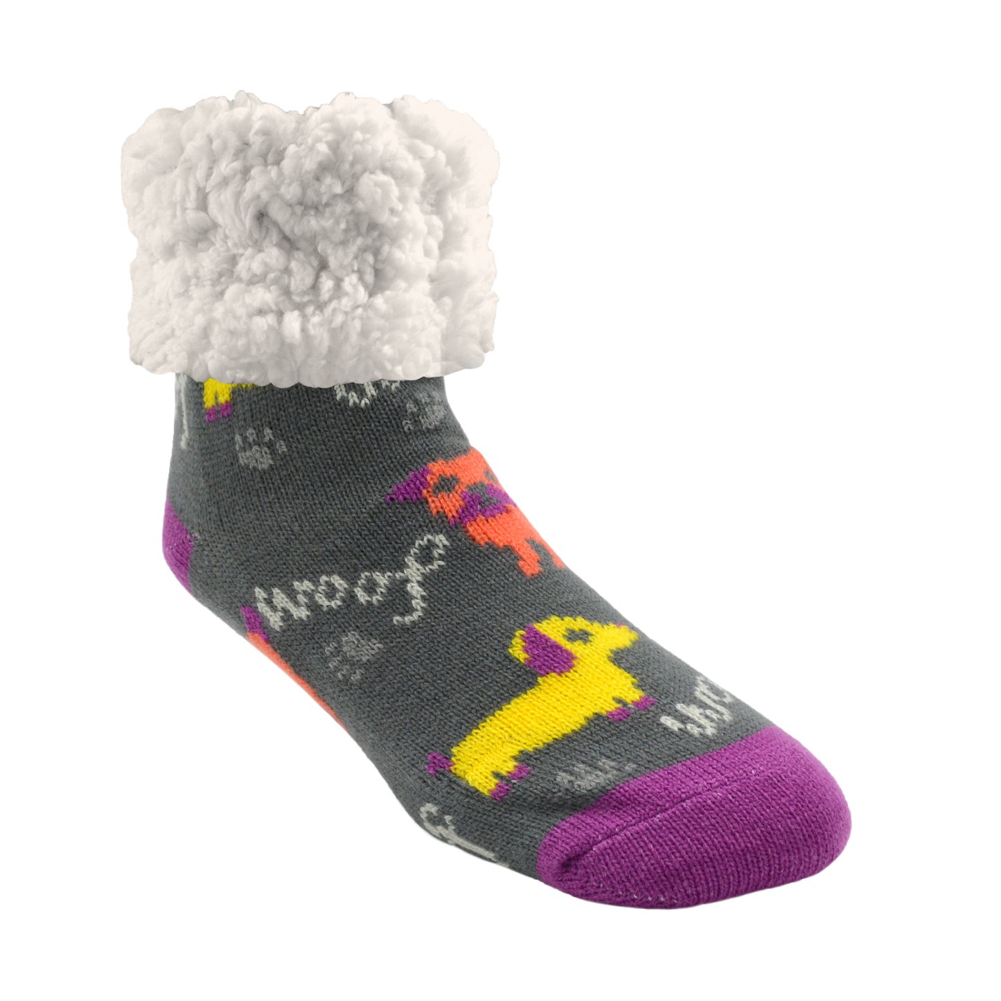 Pudus Cozy Winter Slipper Socks for Women and Men with Non-Slip Grippers and Faux Fur Sherpa Fleece - Adult Regular Fuzzy Socks Dog Woof - Classic Slipper Sock