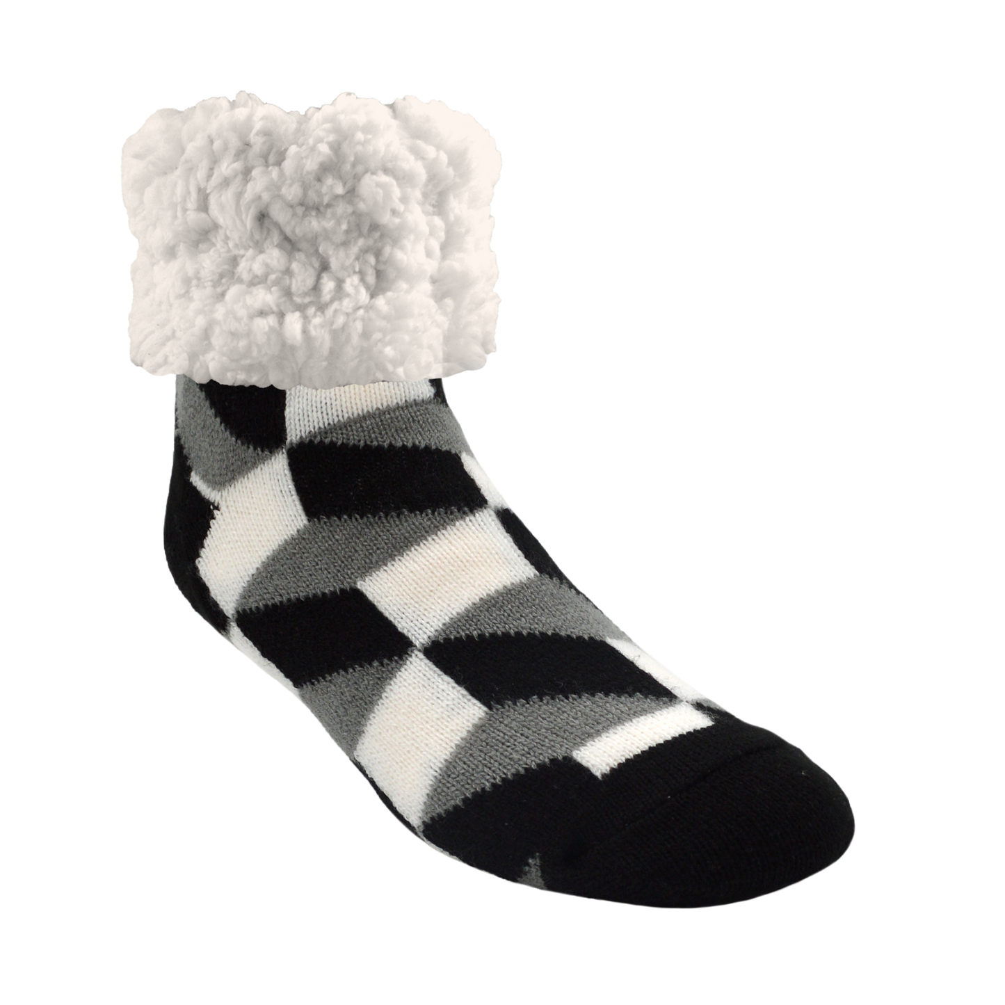 Pudus Cozy Winter Slipper Socks for Women and Men with Non-Slip Grippers and Faux Fur Sherpa Fleece - Adult Regular Fuzzy Socks in Checkerbox Black - Classic Slipper Sock
