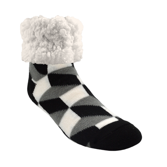 Pudus Cozy Winter Slipper Socks for Women and Men with Non-Slip Grippers and Faux Fur Sherpa Fleece - Adult Regular Fuzzy Socks in Checkerbox Black - Classic Slipper Sock