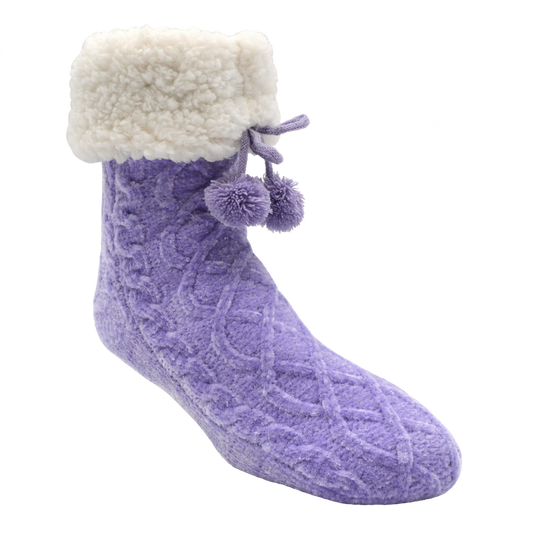 Pudus Winter Cable Knit Chenille Slipper Socks in Lavender with Fuzzy Pom Poms and Faux Fur Sherpa Fleece Lining