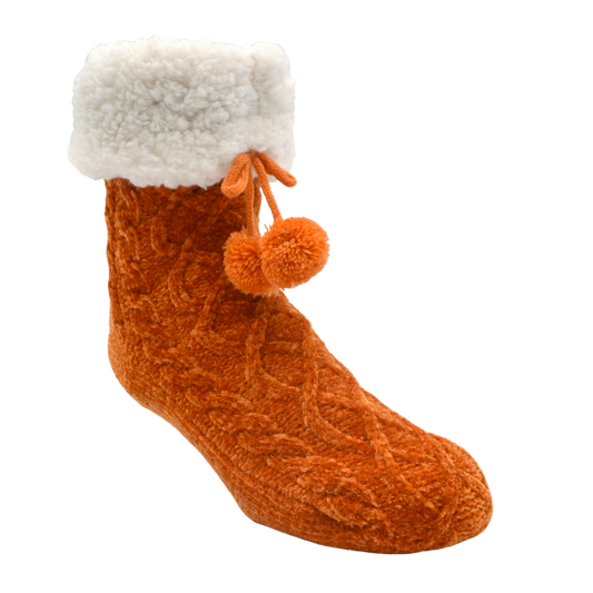 Pudus Winter Cable Knit Slipper Socks in Peach Caramel with Non-Slip Grippers and Faux Fur Sherpa Fleece Lining 