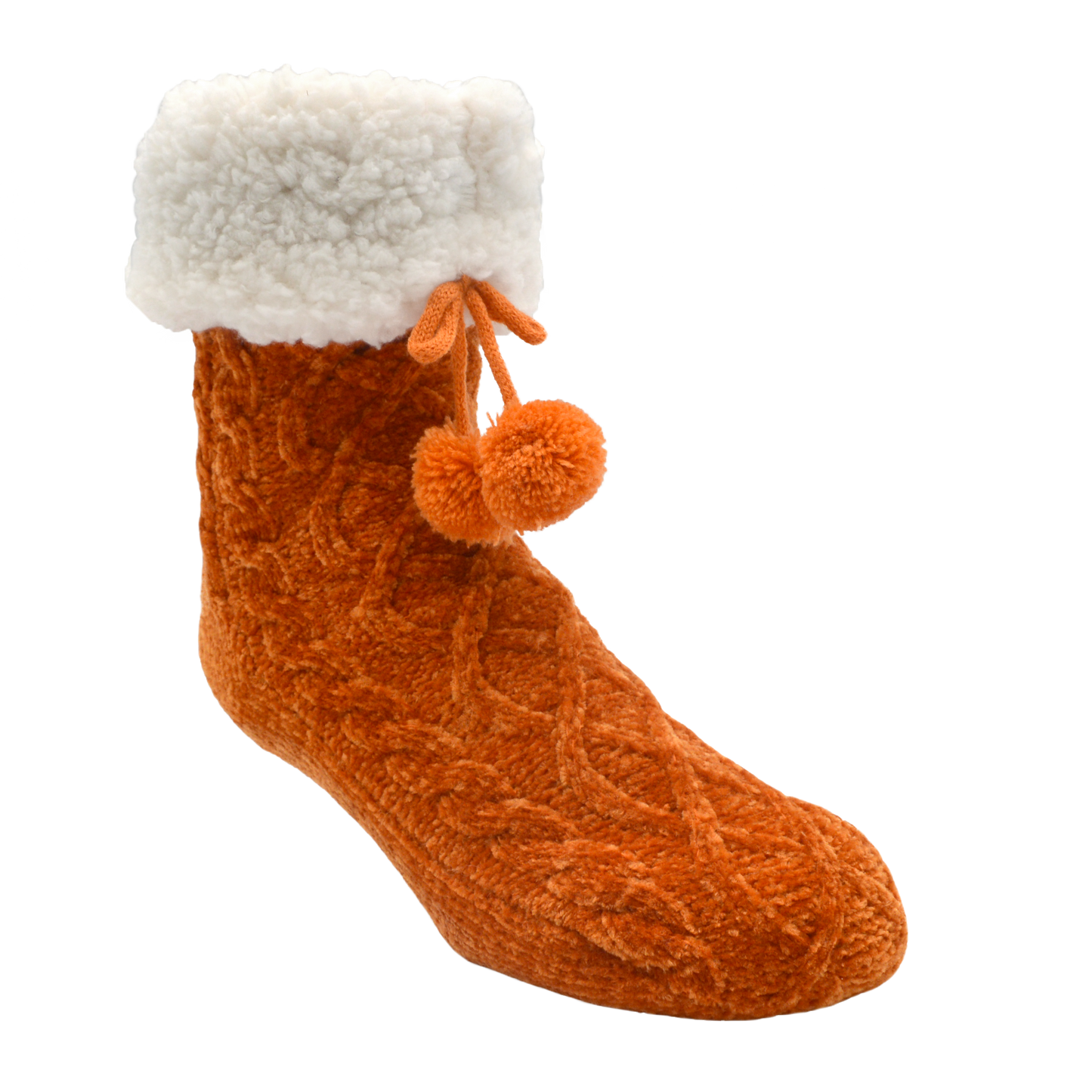 Pudus Winter Cable Knit Slipper Socks in Peach Caramel with Non-Slip Grippers and Faux Fur Sherpa Fleece Lining 