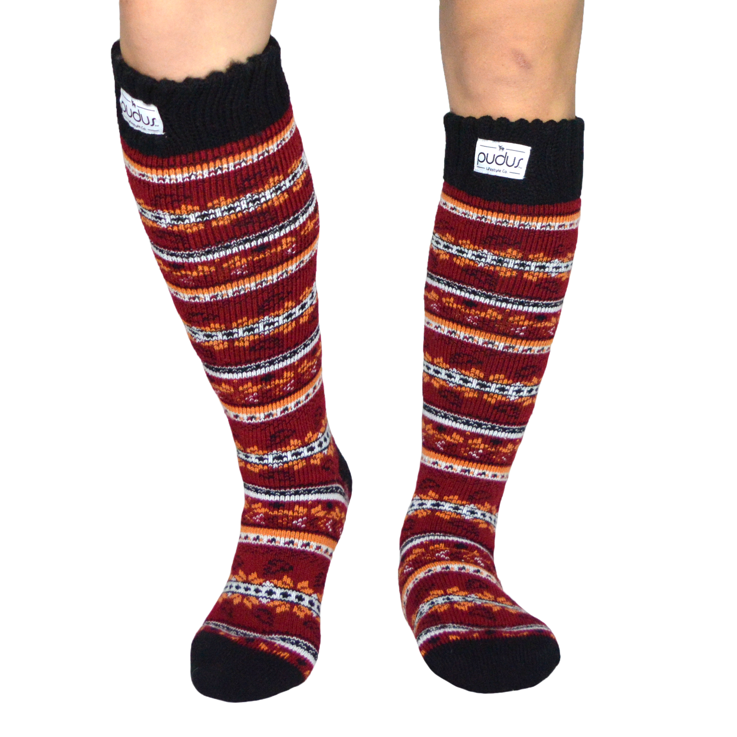 Autumn Red Tall Boot Socks With Fleece-Lining, Knee High Winter Thermal Socks