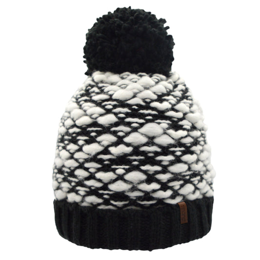 Black and White Woven Yarn Toque Hat with White Fleece Lining, Fluffy Pom Pom and Solid Black Trim