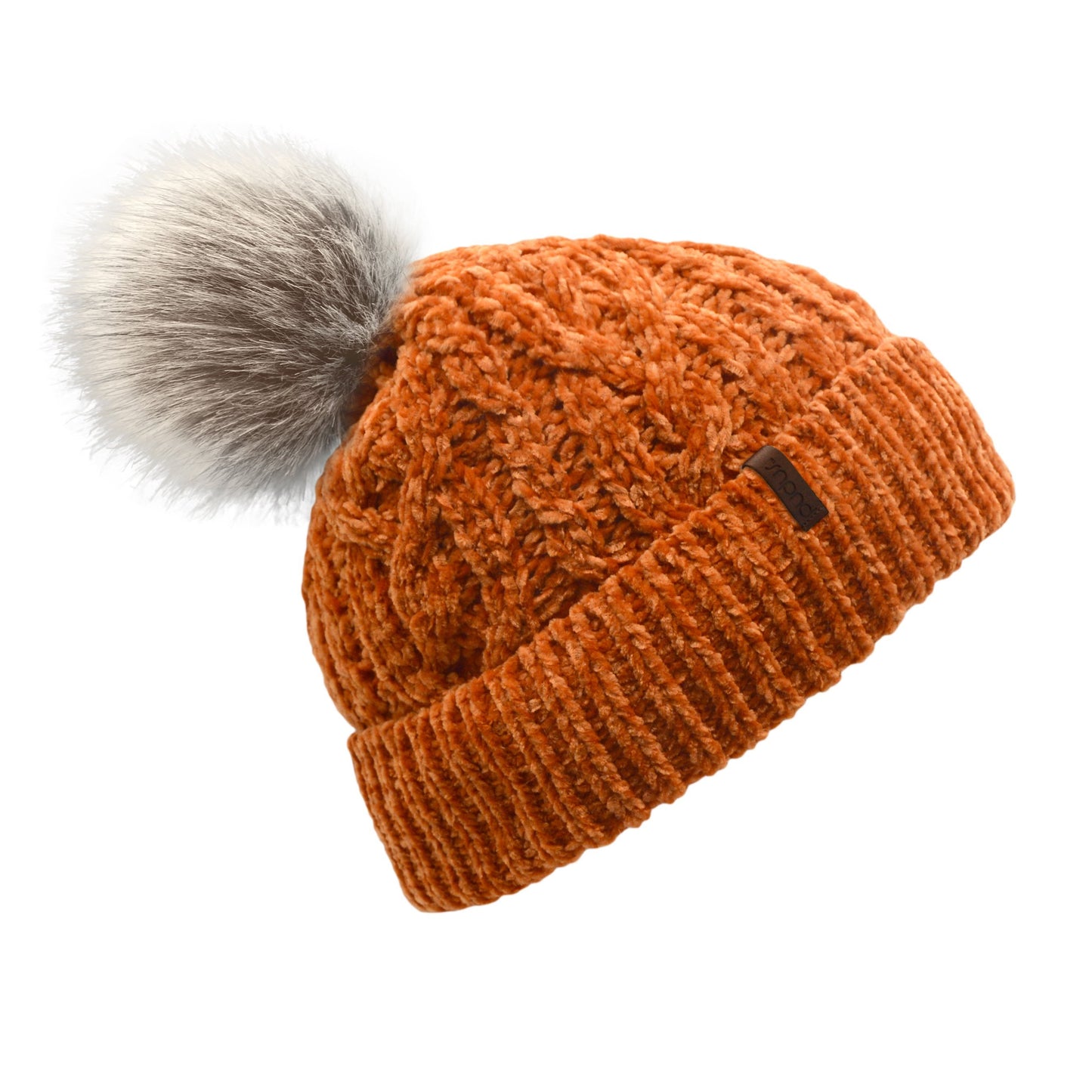 Pudus Winter Cable Knit Chenille Toque in Peach Caramel with Fuzzy Pom Pom and Faux Fur Sherpa Fleece Lining