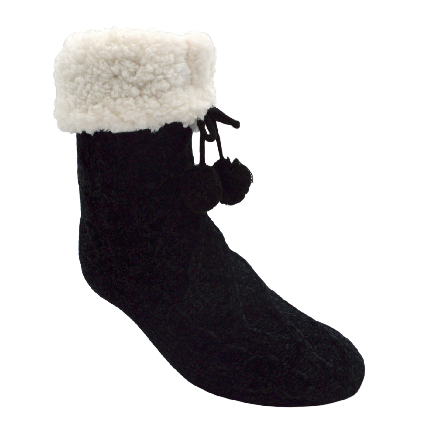 Pudus Winter Cable Knit Slipper Socks in Black with Non-Slip Grippers and Faux Fur Sherpa Fleece Lining