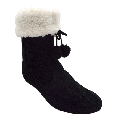 Pudus Winter Cable Knit Slipper Socks in Black with Non-Slip Grippers and Faux Fur Sherpa Fleece Lining
