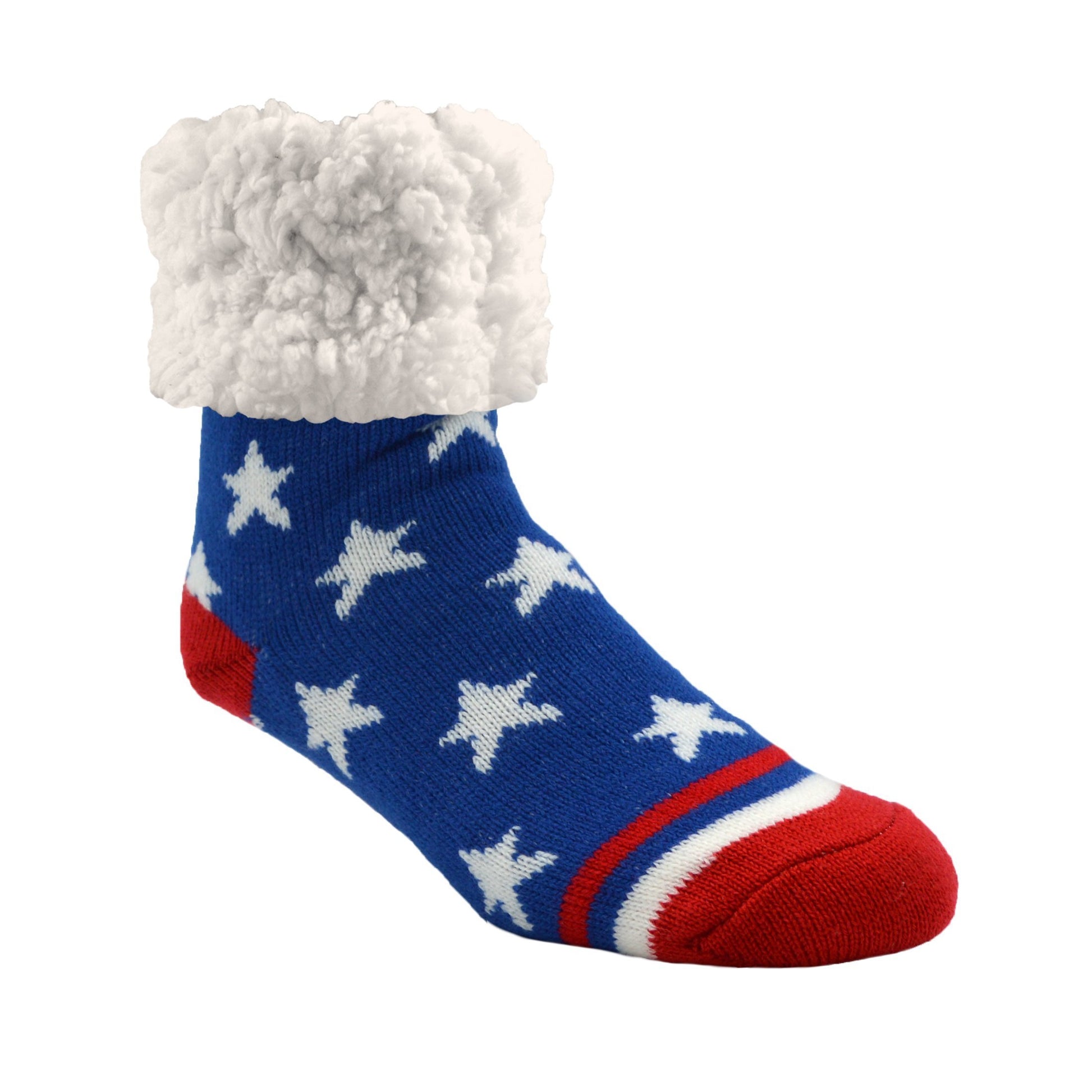 Pudus Cozy Winter Slipper Socks for Women and Men with Non-Slip Grippers and Faux Fur Sherpa Fleece - Adult Regular Fuzzy Socks Stars & Stripes - Classic Slipper Sock