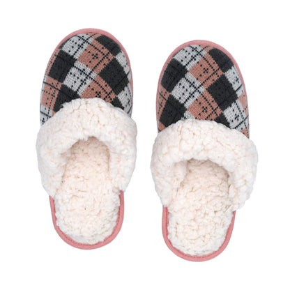 Pudus Cozy & Fluffy House Slippers for Women, Memory Foam Slipper Slides with Plush Faux Fur Fleece Lining Creekside Slide Argyle Blush