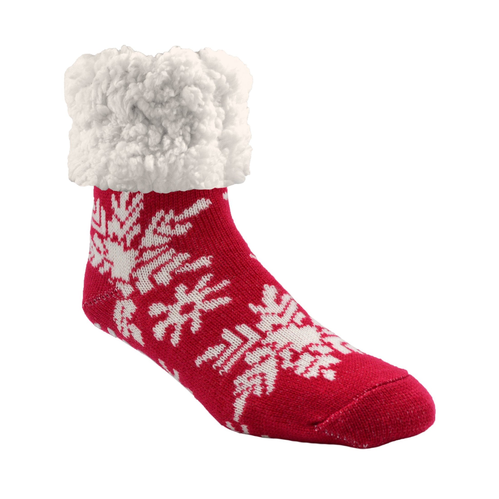 Pudus Cozy Winter Slipper Socks for Women and Men with Non-Slip Grippers and Faux Fur Sherpa Fleece - Adult Regular Fuzzy Socks Snowflake Raspberry - Classic Slipper Sock
