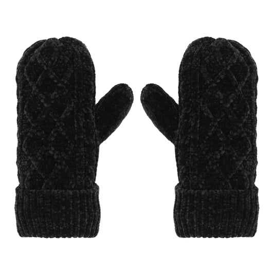 Pudus Chenille Cable Knit Winter Mittens for Women, Fleece-Lined Warm Gloves Cable Knit Black Chenille - Mittens Adult