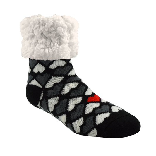 Pudus Cozy Winter Slipper Socks for Women and Men with Non-Slip Grippers and Faux Fur Sherpa Fleece - Adult Regular Fuzzy Socks Heart Black - Classic Slipper Sock