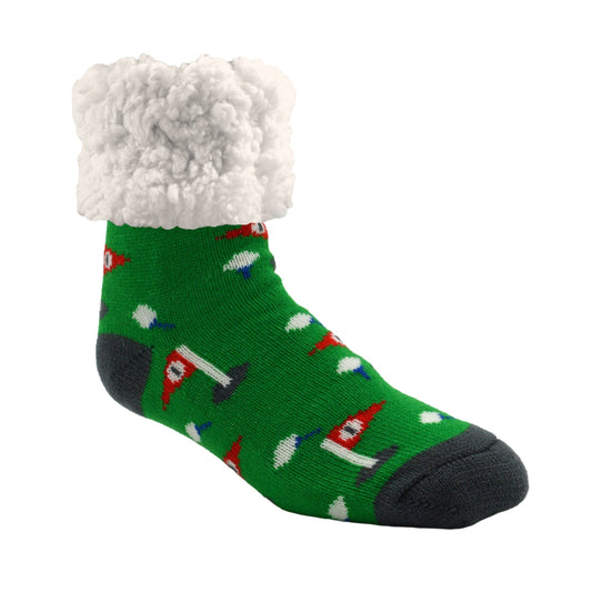Pudus Cozy Winter Slipper Socks for Women and Men with Non-Slip Grippers and Faux Fur Sherpa Fleece - Adult Regular Fuzzy Socks Golf Green - Classic Slipper Sock