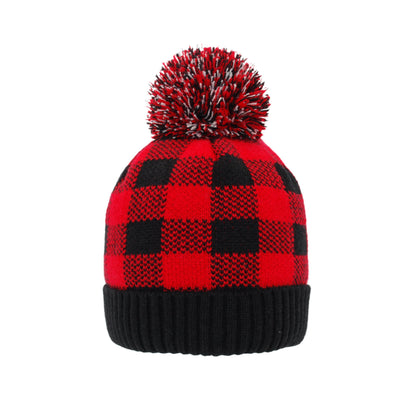 Pudus Kids Beanie Hat with Pom Pom, Sherpa-Lined Winter Knit Hats for Boys Girls Lumberjack Red with Pom Pom - Hat Kids