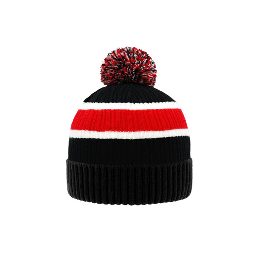 Pudus Unisex Classic Knit Winter Beanie Hat - Fluffy Pom Pom & Warm Fleece Lined Stripe Black Pom Pom Beanie Hat Adult