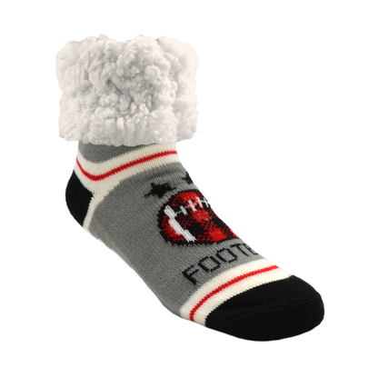 Pudus Cozy Winter Slipper Socks for Women and Men with Non-Slip Grippers and Faux Fur Sherpa Fleece - Adult Regular Fuzzy Socks Football Red - Classic Slipper Sock