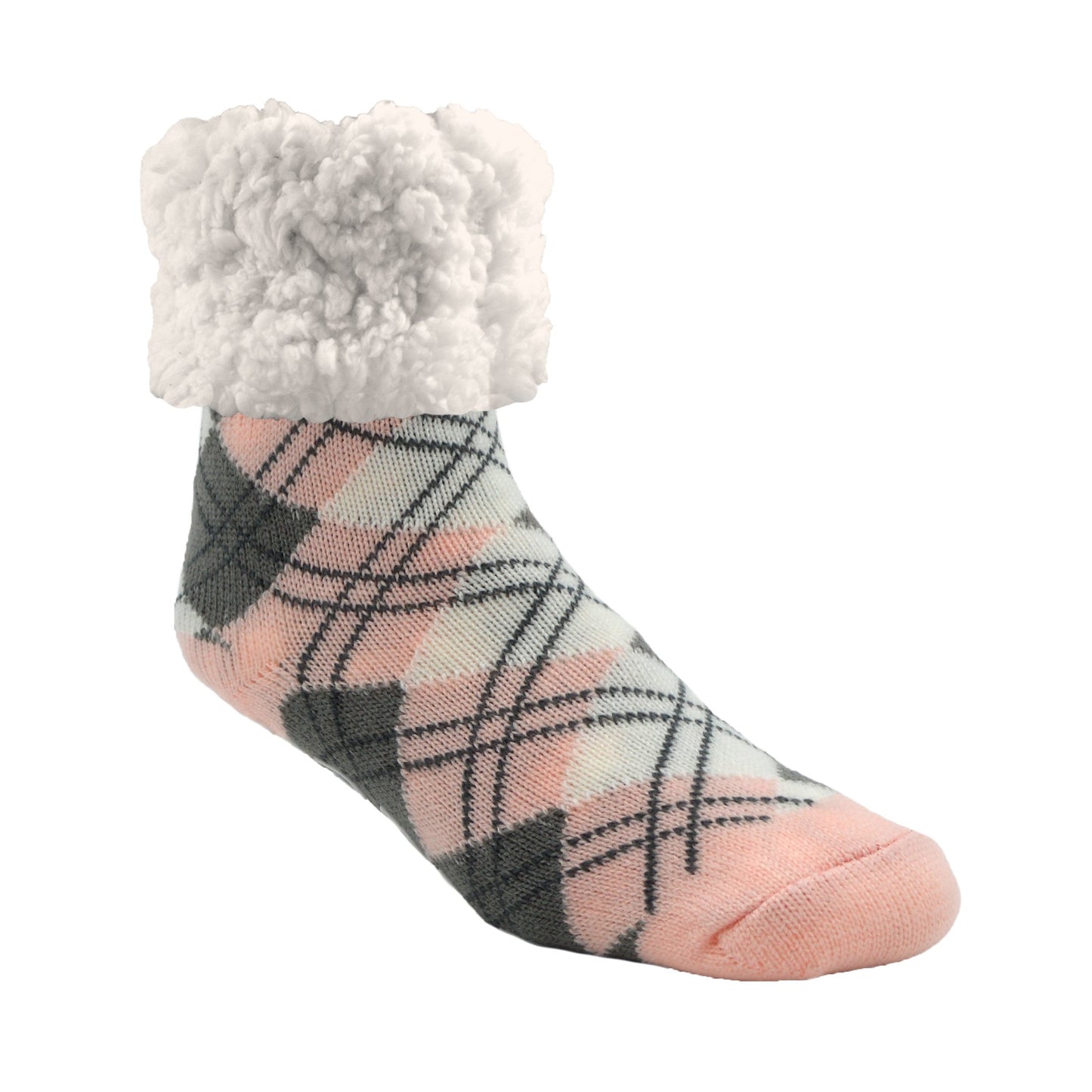 Pudus Argyle Blush - Classic Slipper Sock Cozy Winter Slipper Socks for Women and Men with Non-Slip Grippers and Faux Fur Sherpa Fleece -  Adult Regular Fuzzy Socks 