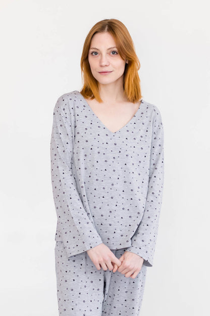 Jamie V-Neck Sleep Top | Light Grey Allover Print