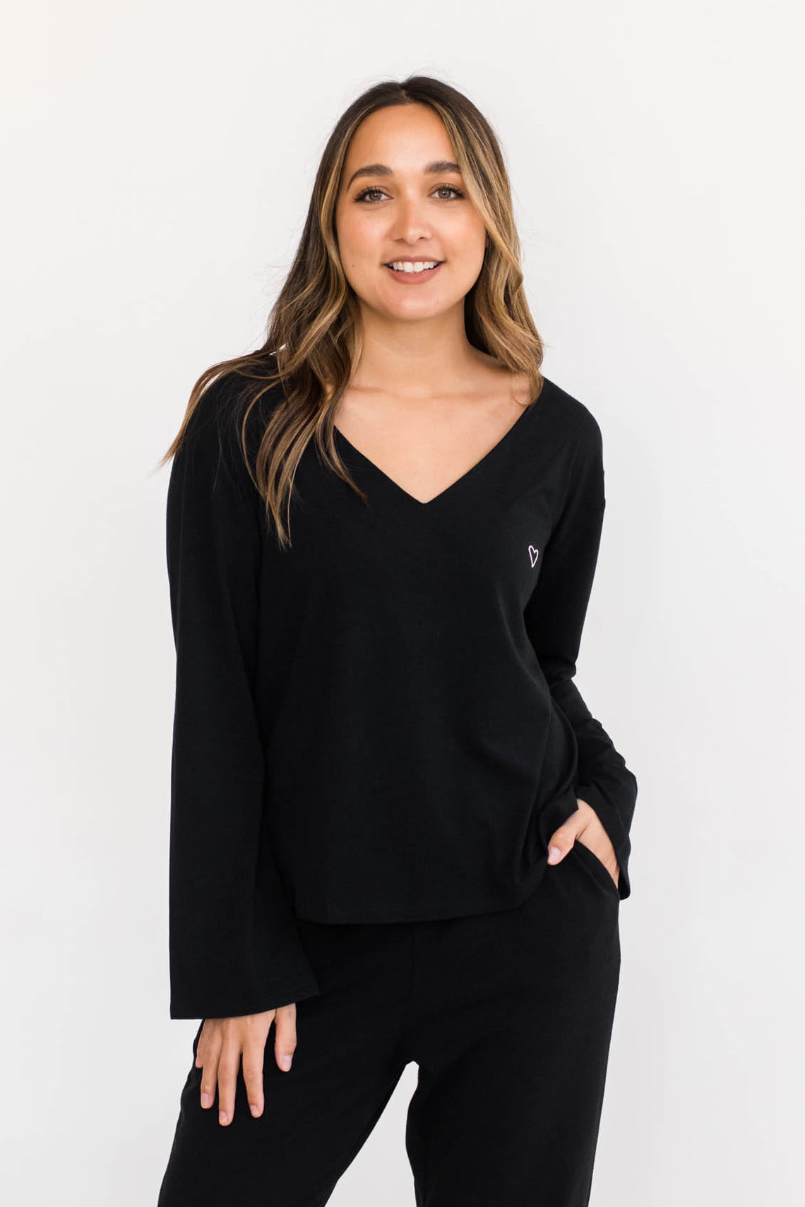 Jamie V-Neck Sleep Top | Black with Heart