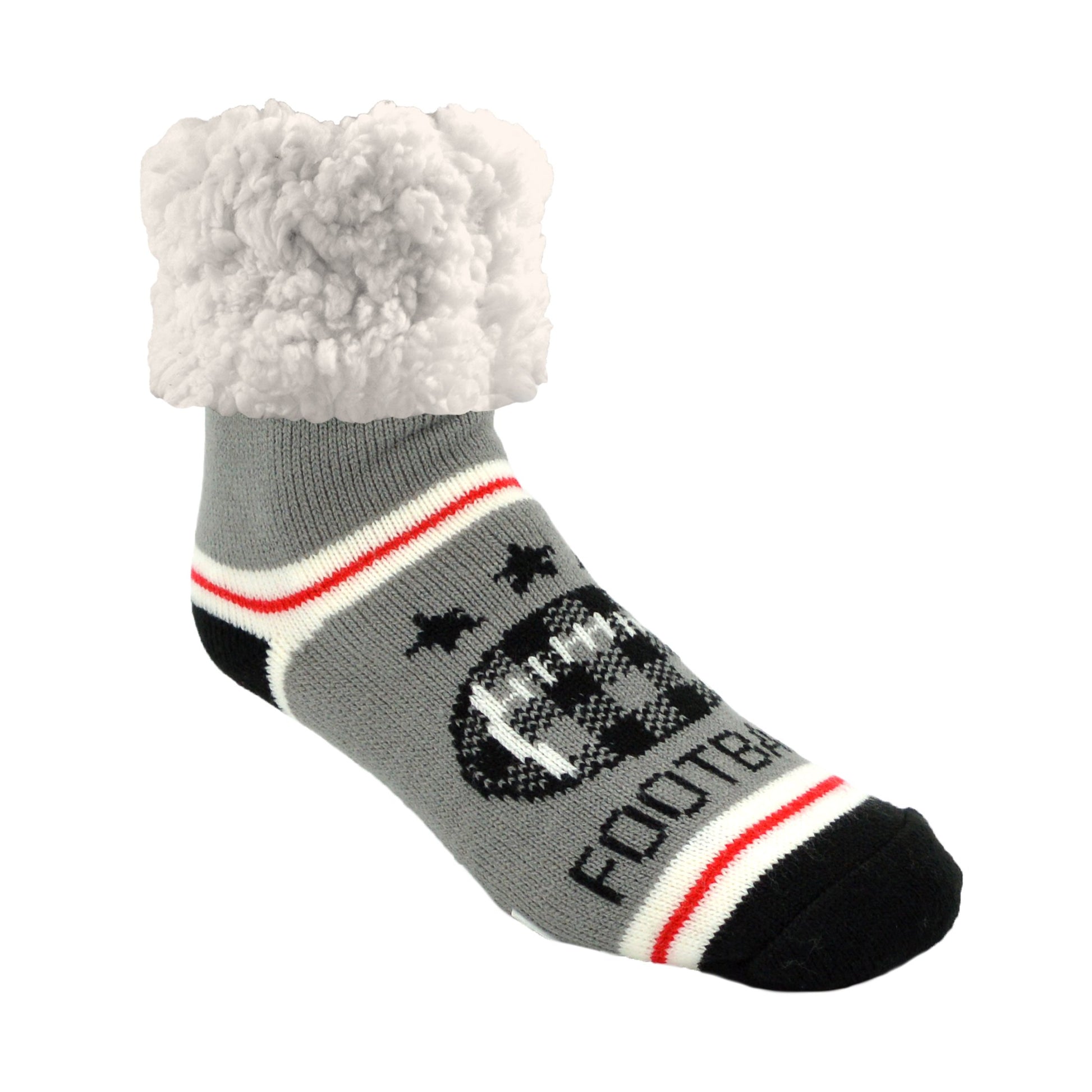 Pudus Cozy Winter Slipper Socks for Women and Men with Non-Slip Grippers and Faux Fur Sherpa Fleece - Adult Regular Fuzzy Socks Football Grey - Classic Slipper Sock
