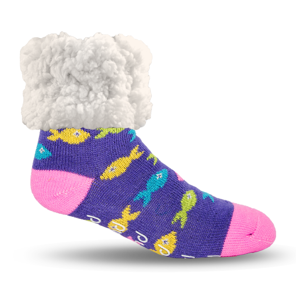 Pudus Cozy Winter Slipper Socks for Women and Men with Non-Slip Grippers and Faux Fur Sherpa Fleece - Adult Regular Fuzzy School Of Fish - Classic Slipper Sock