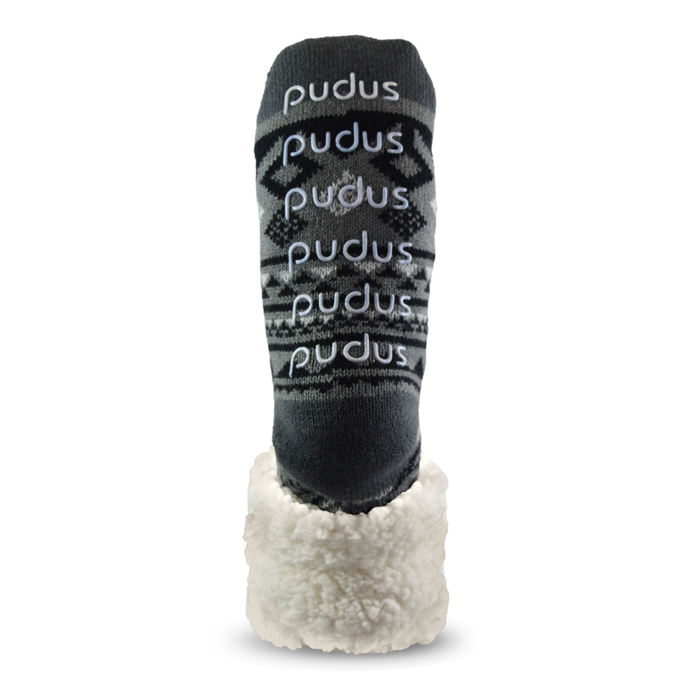 Pudus Cozy Winter Slipper Socks for Women and Men with Non-Slip Grippers and Faux Fur Sherpa Fleece - Adult Regular Fuzzy Socks Geomertic Black - Classic Slipper Sock