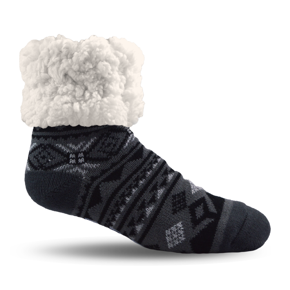 Pudus Cozy Winter Slipper Socks for Women and Men with Non-Slip Grippers and Faux Fur Sherpa Fleece - Adult Regular Fuzzy Socks Geomertic Black - Classic Slipper Sock