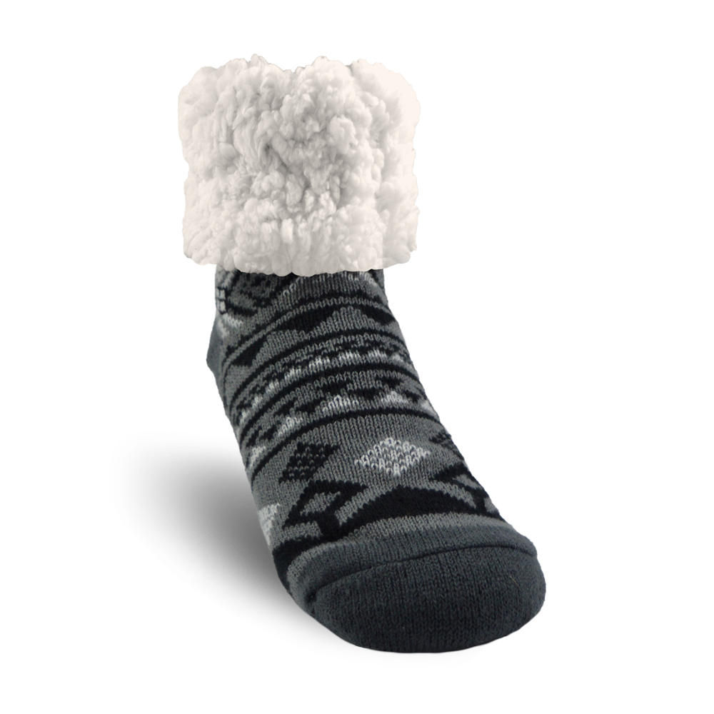 Pudus Cozy Winter Slipper Socks for Women and Men with Non-Slip Grippers and Faux Fur Sherpa Fleece - Adult Regular Fuzzy Socks Geomertic Black - Classic Slipper Sock